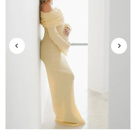 Off-Shoulder Ribbed Maternity Dress in Light Cream, Butter Yellow Dress - Picture 2 of 2
